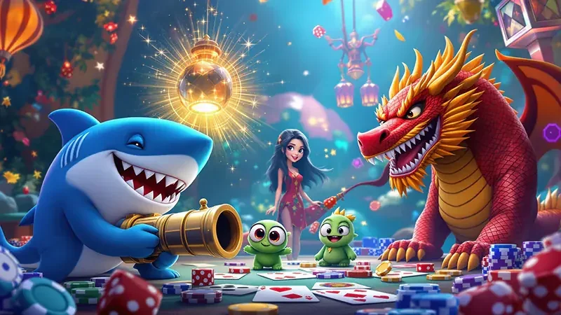 Adegan target ikan dan efek tembakan dalam permainan arcade